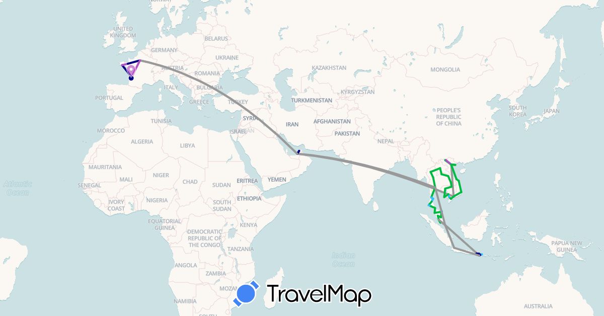 TravelMap itinerary: driving, bus, plane, train, hiking, boat in United Arab Emirates, France, Indonesia, Cambodia, Laos, Malaysia, Singapore, Thailand, Vietnam (Asia, Europe)